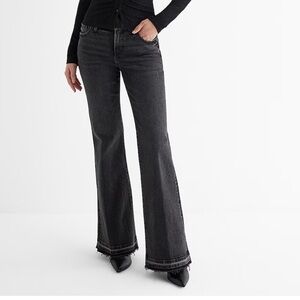 Mid Rise Black Raw Drop Hem '70s Flare Jeans
